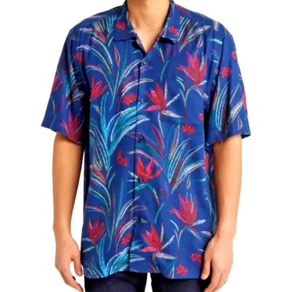 TOMMY BAHAMA Manriscala Blooms XXL/TTG BLUE 100% Silk Short Sleeve Camp Shirt